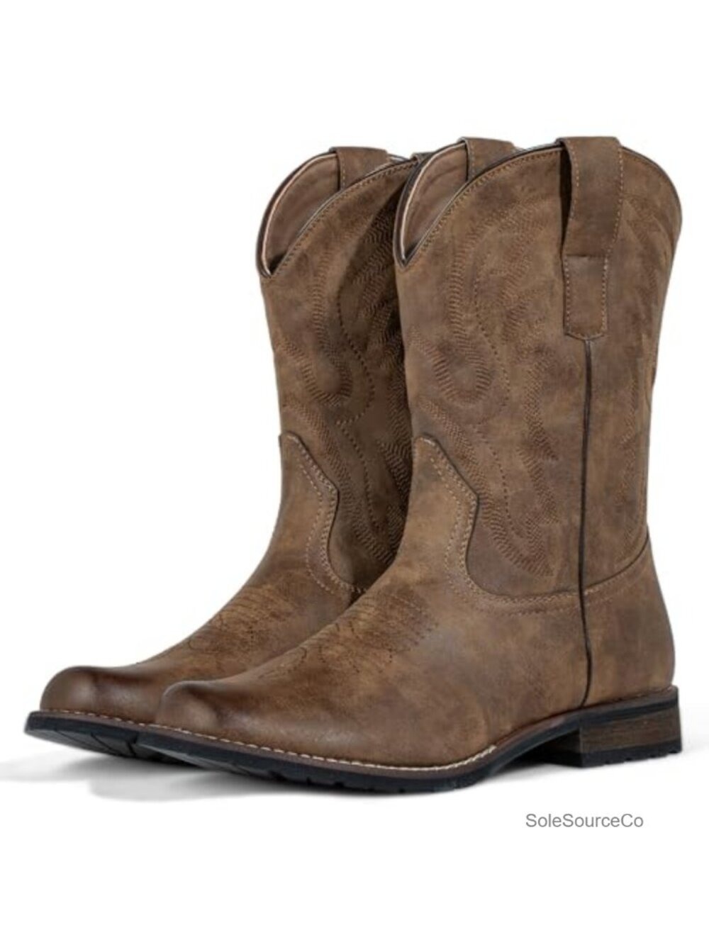 Men's Distressed Faux Leather Western Cowboy Boots Round Toe Slip Resistant